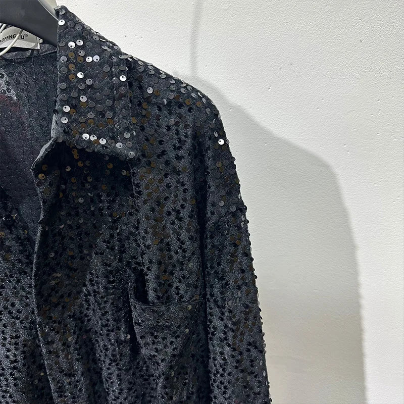 Spring Autumn Men's Sequins Shirt Solid Color Luxury Lapel Single Breasted Long Sleeve American Fashion Party Shining Shirts