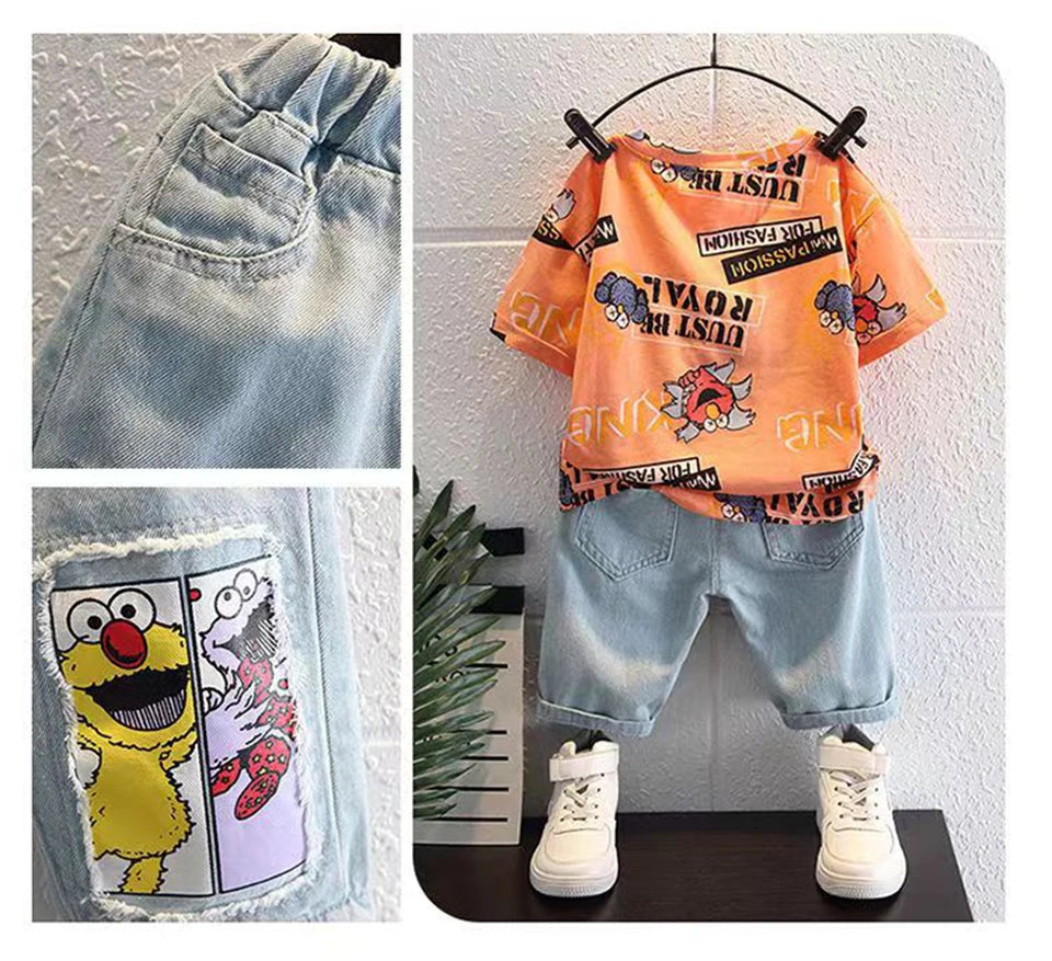 2026 New Kids Clothing Set Cartoon Print Short Sleeve T-Shirt & Denim Shorts 2Pcs/Sets Casual Summer Boys Children Clothes 3-12Y