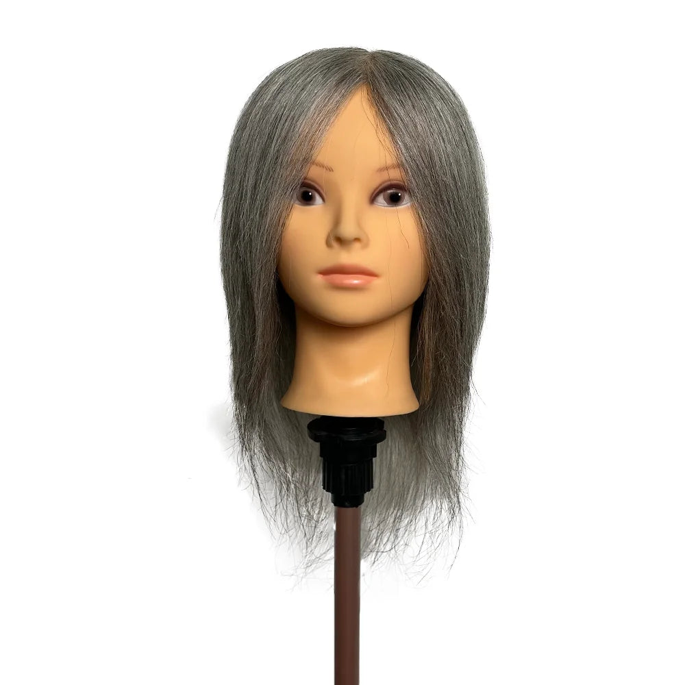 12 Inch 100% Human Hair Silver Grey Mannequin Head Perm Dye Cut Styling Training Head for Hairdresser Practice