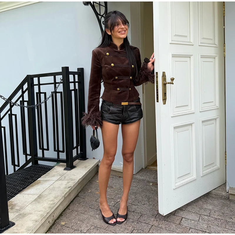 Vintage Women's Feather Patchwork Suede Short Jacket  Stand Collar Long Sleeve Double Breasted Coat 2026 Autumn Lady Jackets