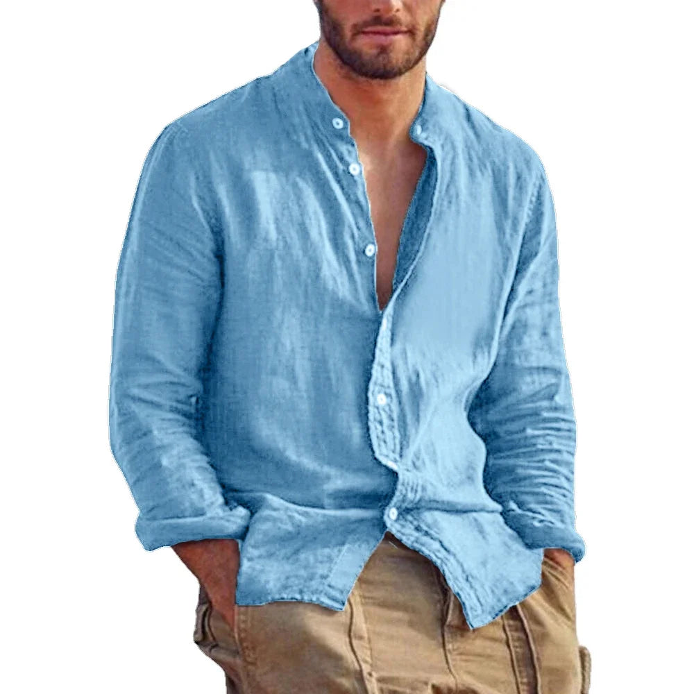 Sweatwear Men's Long Sleeve Shirt Linen Solid Color Shirts Trend Stand Collar Casual Lightweight Breathable Tops Hawaiian Shirt