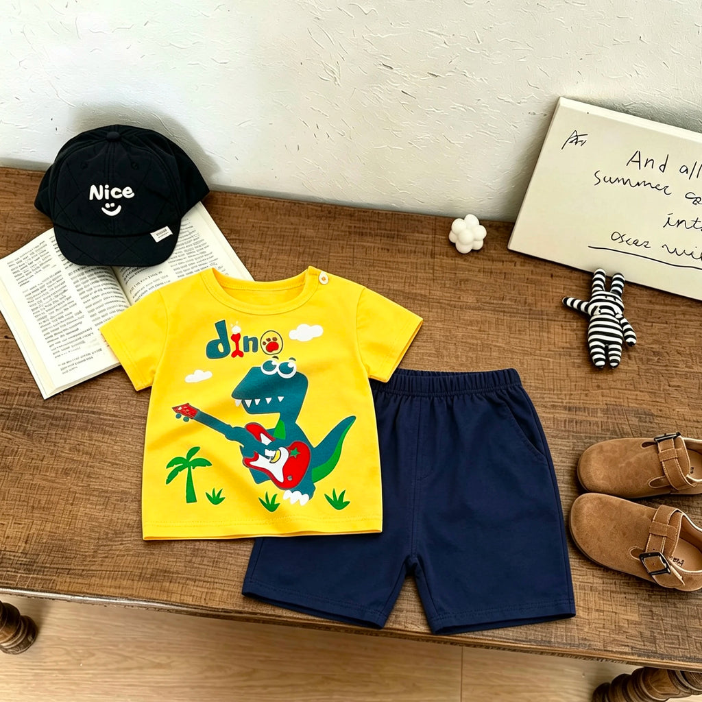 New Kids Short-sleeved Suits Cartoon Print Tshirt +Shorts Two Piece Set Summer Clothing Lovely Tees Loose Shorts 2Piece Suit