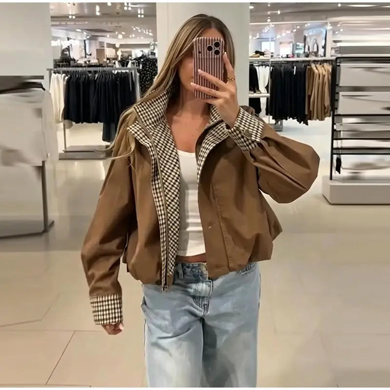 Elegant Plaid Patchwork Women's Jacket Loose Full Sleeve Stand Collar Single Breasted Outwear Female 2026 Fashion Autumn Outwear