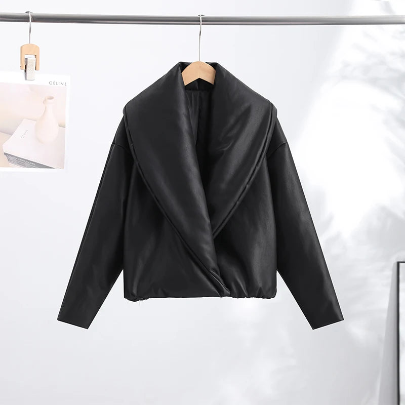 Solid Leather Turn Down Collar Cotton Coat 2026 Winter Ladies Warm Pockets Cropped Padded Jackets Women's High Street Outwear