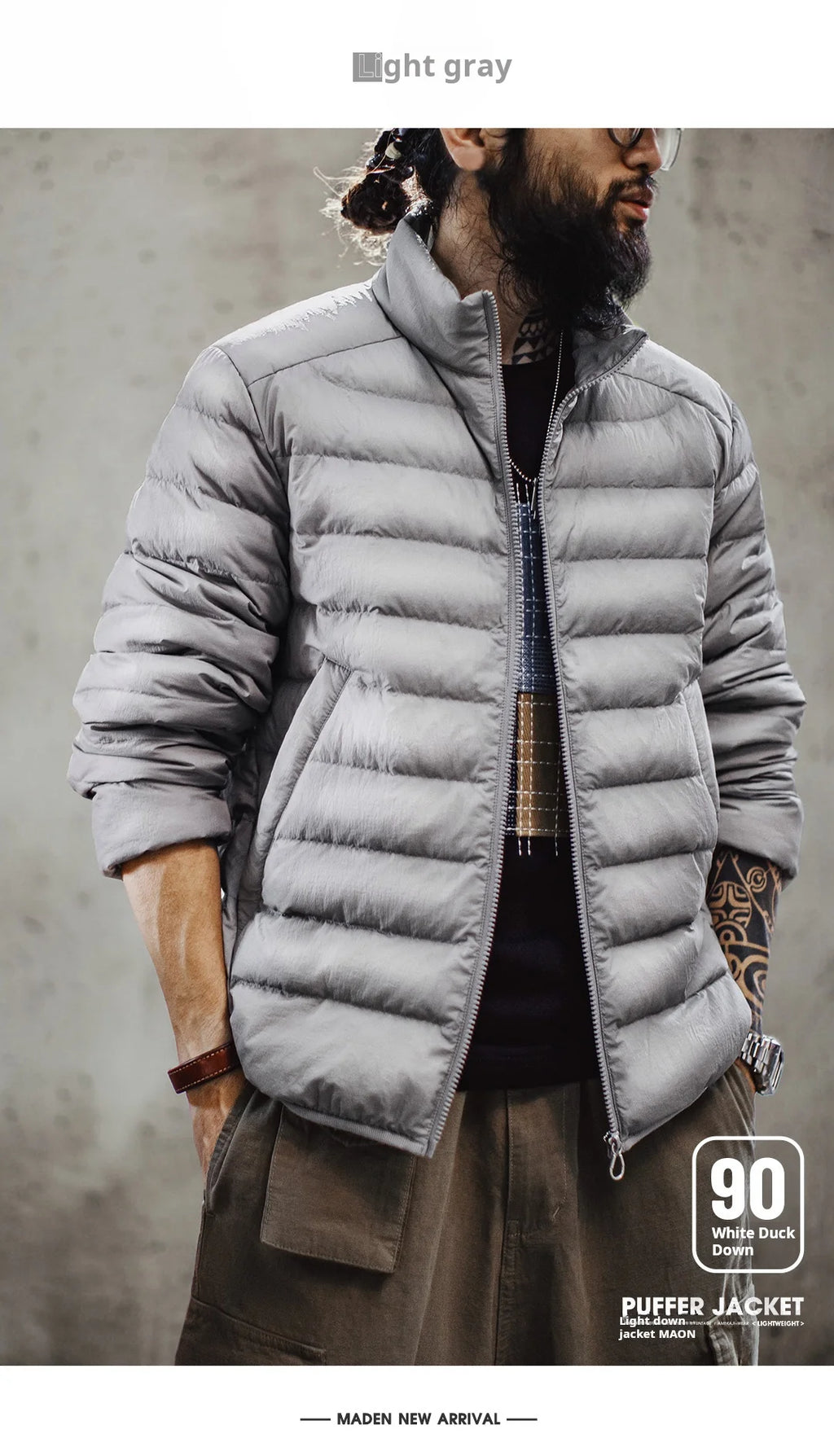 Maden Winter Men's Stand-up Collar Down Jacket Lightweight Hydrophobic White Duck Down Filling Coat Warm Inner Layer for Fall