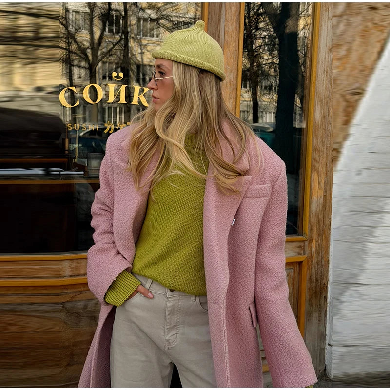 Chic Women's Woolen Overcoat Autumn Winter Solid Lapel Double Breasted Long Sleeve Long Coat 2026 Elegant Lady Street Outwear