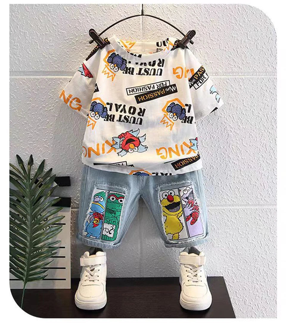 2026 New Kids Clothing Set Cartoon Print Short Sleeve T-Shirt & Denim Shorts 2Pcs/Sets Casual Summer Boys Children Clothes 3-12Y