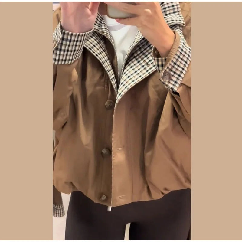 Elegant Plaid Patchwork Women's Jacket Loose Full Sleeve Stand Collar Single Breasted Outwear Female 2026 Fashion Autumn Outwear