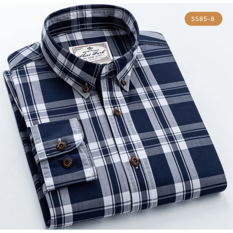 Men's 100% Cotton Plaid Long Sleeve Casual Shirt, Spring Autumn Lightweight & Breathable Slightly Slim Fit Button Down Shirts