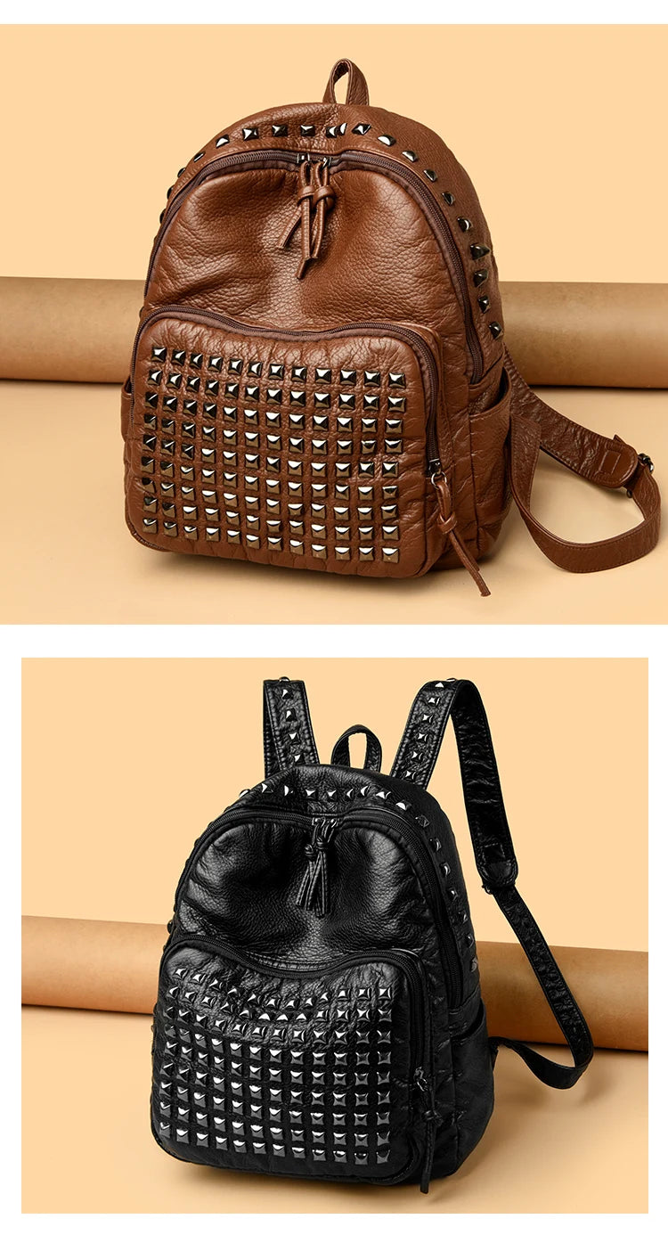 Fashion Rivet Soft Leather Women Backpacks Designer Large Capacity Girls School Bag Luxury Female Bagpack Travel Bags Sac A Main
