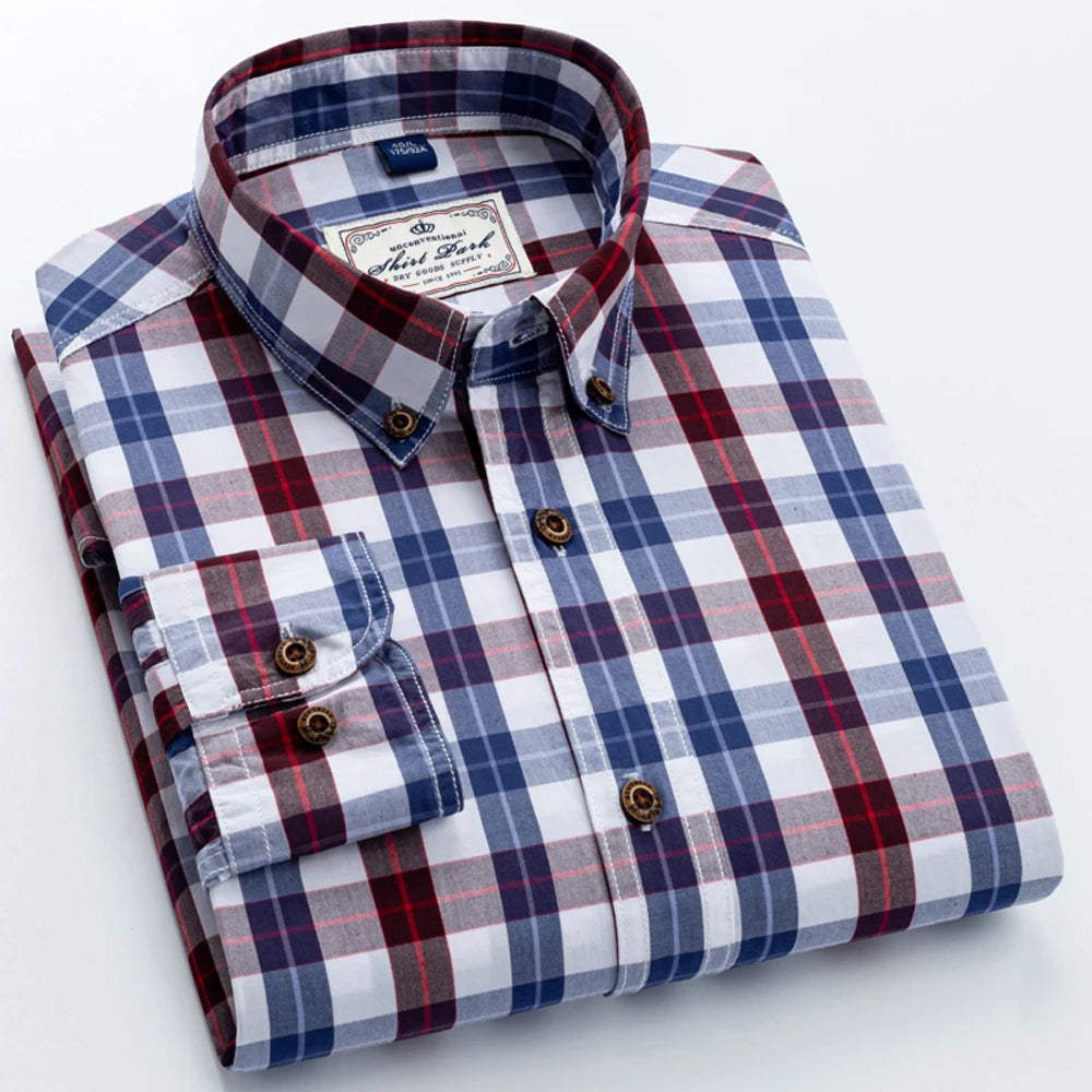 Men's 100% Cotton Plaid Long Sleeve Casual Shirt, Spring Autumn Lightweight & Breathable Slightly Slim Fit Button Down Shirts