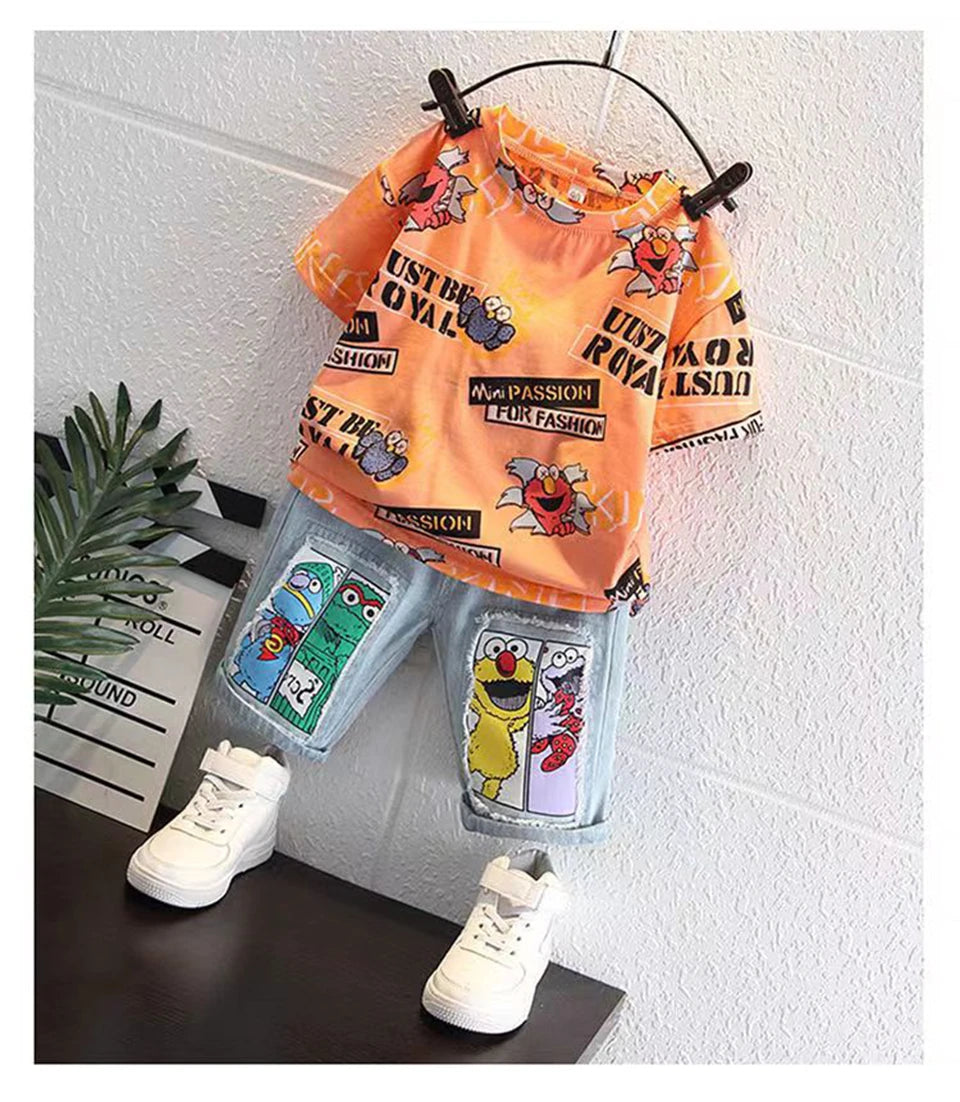 2026 New Kids Clothing Set Cartoon Print Short Sleeve T-Shirt & Denim Shorts 2Pcs/Sets Casual Summer Boys Children Clothes 3-12Y