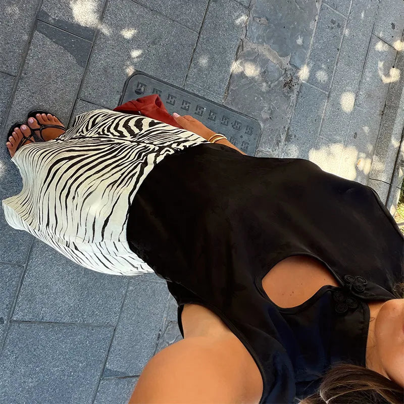 Chic Women Black White Zebra Print Midi Pencil Skirt High Waist Front Split Straight Chic Streetwear 2026 Autumn Summer Bottoms