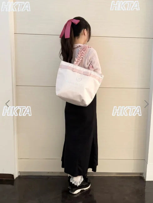 Japanese Style New Letter Satin Cute Bow Lolita Portable Tote Bag Women Commuting Versatile Pleated Sweet Single Shoulder Bag