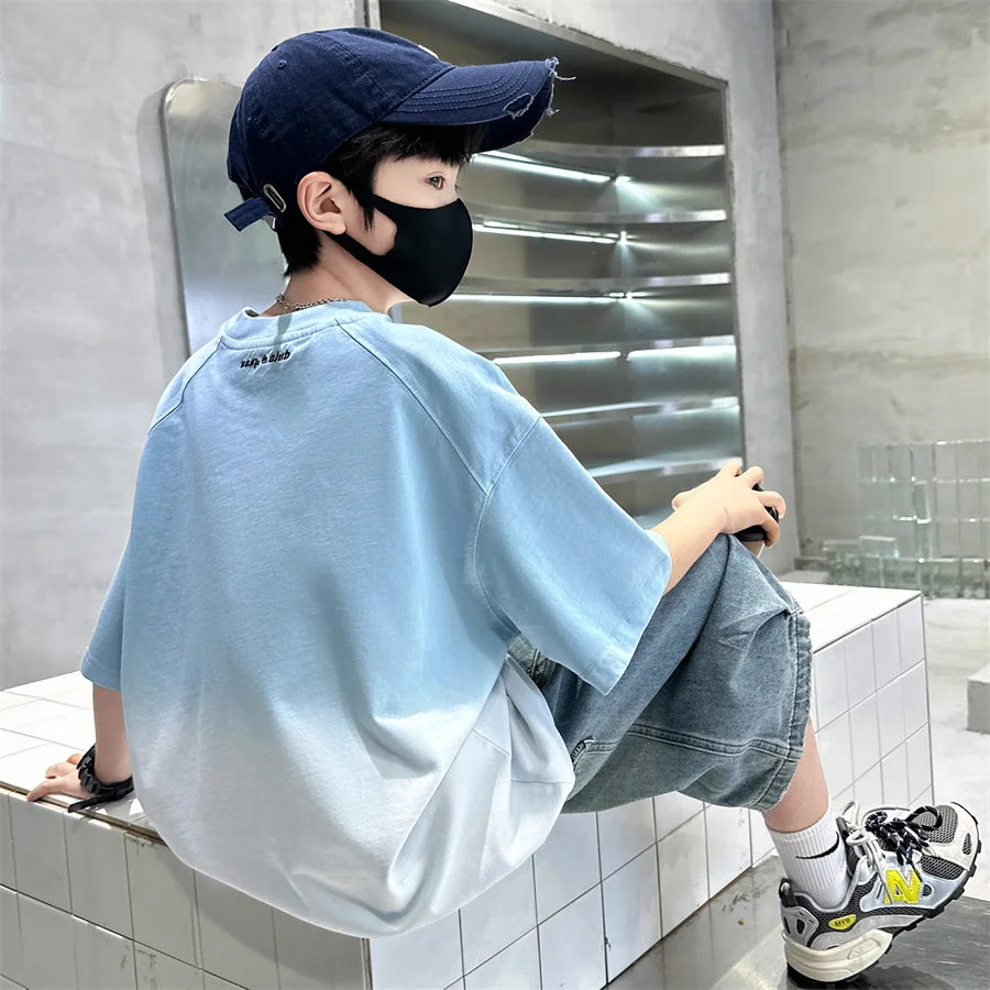 Gradient Color Kid's Fashion Summer Clothing T-shirt Tweens Child Short Sleeve Cotton Tshirt Outfit School Boy Casual Tee Tops