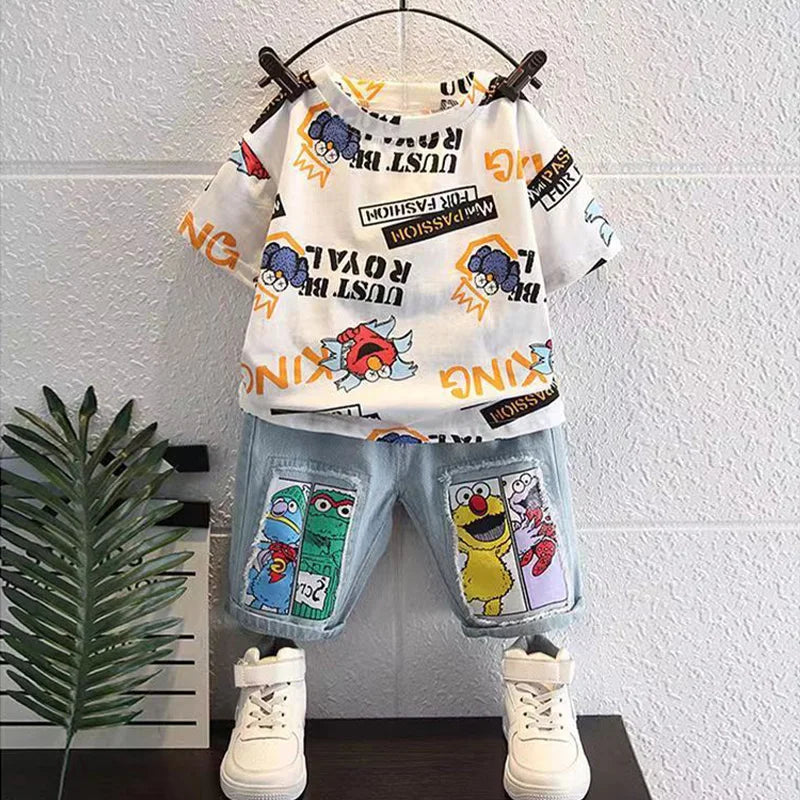 2026 New Kids Clothing Set Cartoon Print Short Sleeve T-Shirt & Denim Shorts 2Pcs/Sets Casual Summer Boys Children Clothes 3-12Y