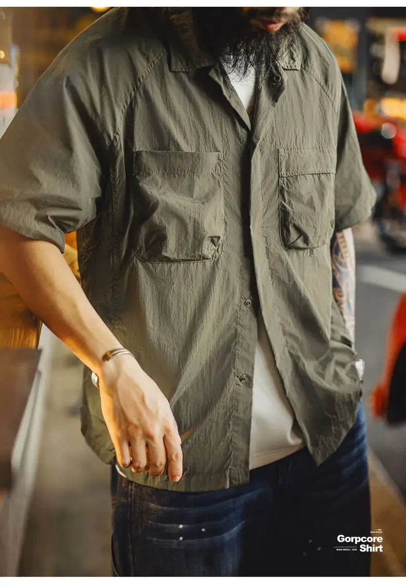 Maden Outdoor Single-breasted Short Sleeve Shirt Men's Summer Quick-Dry Lightweight Chest Pocket Blouse Loose Fit Travel Shirt
