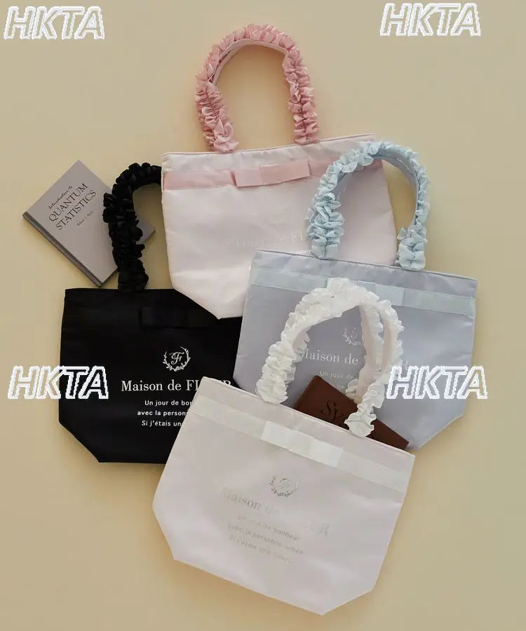 Japanese Style New Letter Satin Cute Bow Lolita Portable Tote Bag Women Commuting Versatile Pleated Sweet Single Shoulder Bag