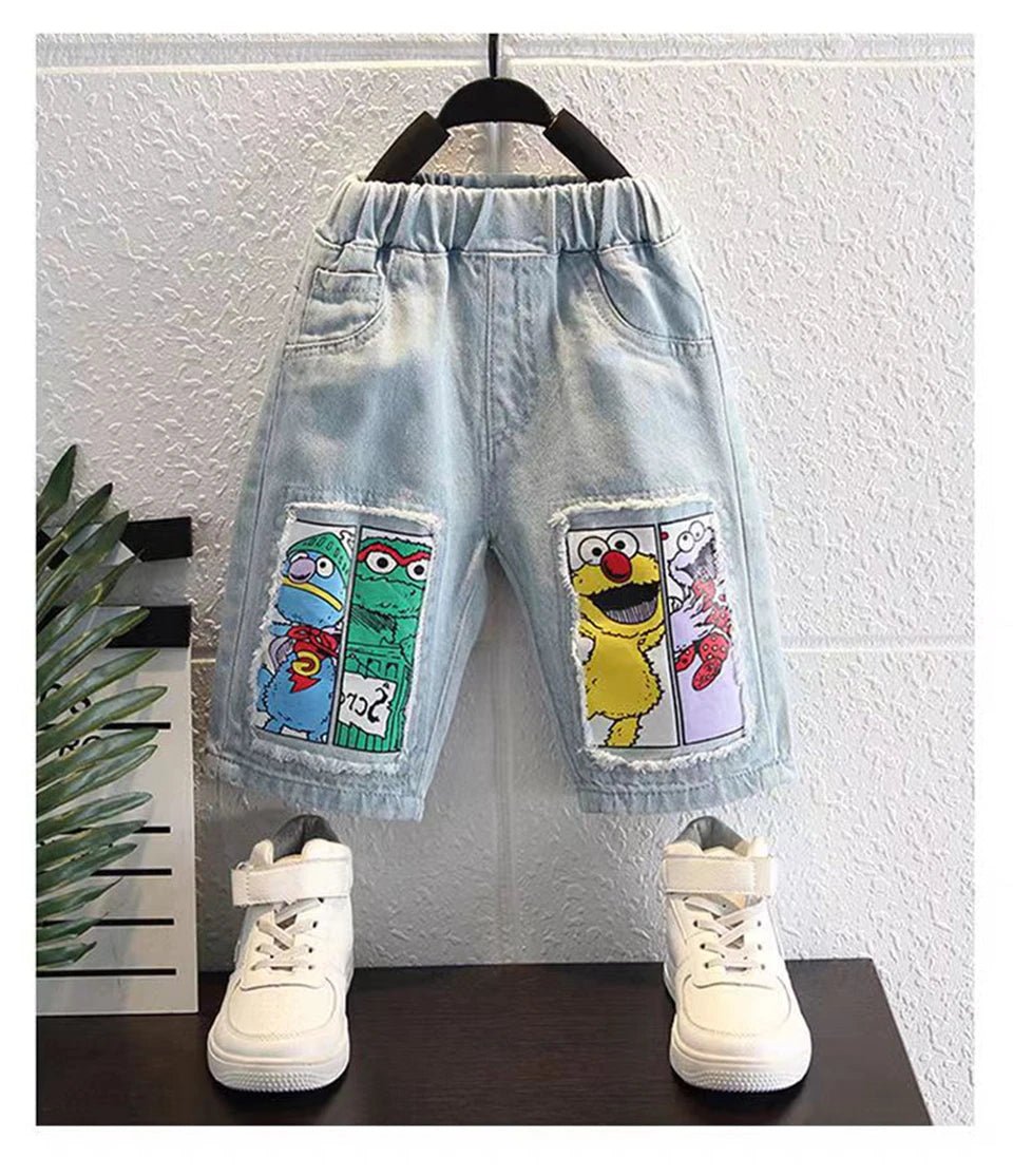 2026 New Kids Clothing Set Cartoon Print Short Sleeve T-Shirt & Denim Shorts 2Pcs/Sets Casual Summer Boys Children Clothes 3-12Y