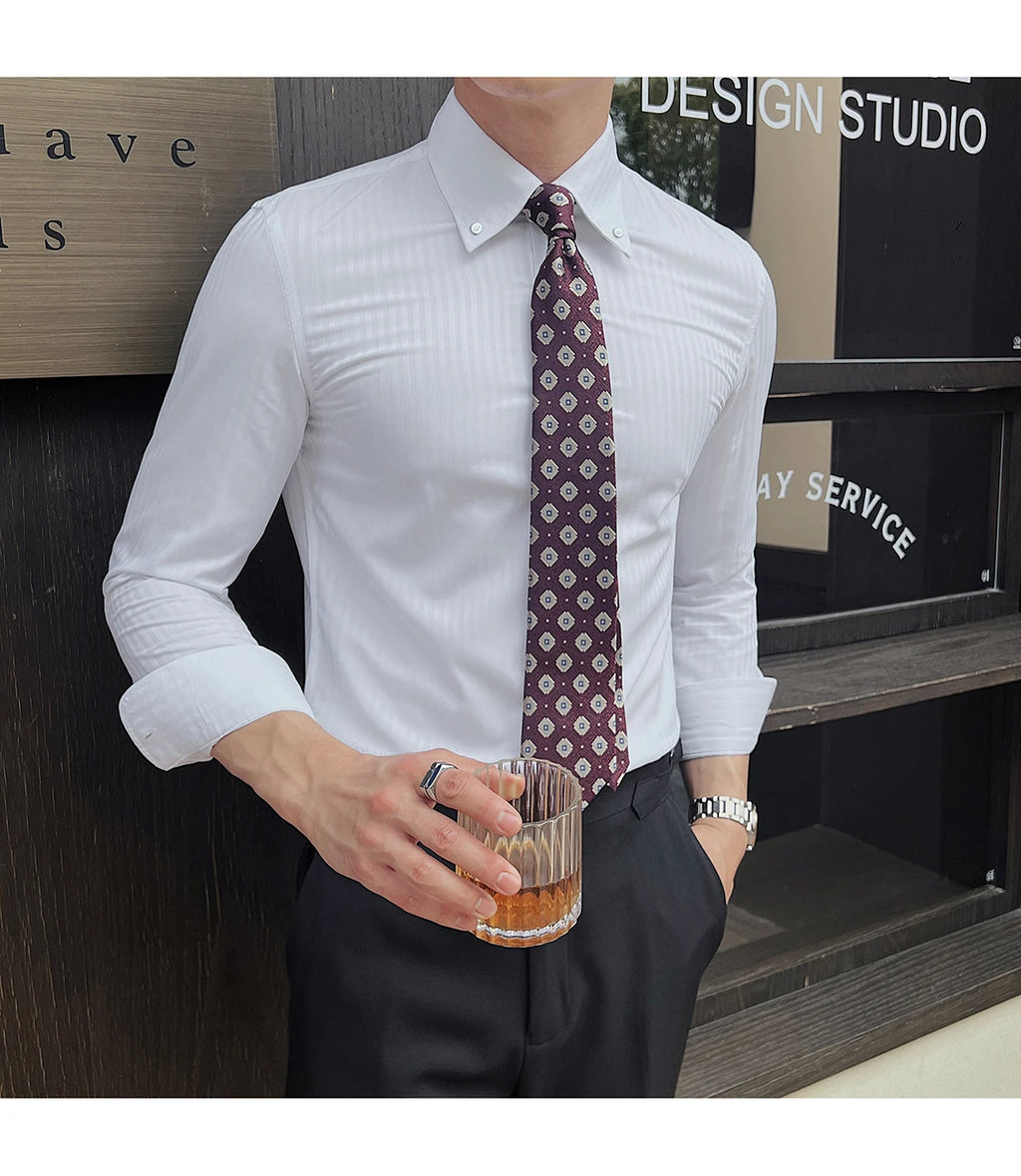 High-quality autumn men's new long-sleeve dark striped slim-fit shirt business casual formal workwear M-4XL