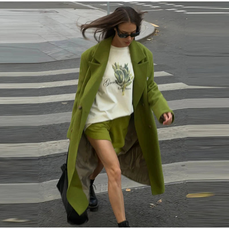 Chic Women's Woolen Overcoat Autumn Winter Solid Lapel Double Breasted Long Sleeve Long Coat 2026 Elegant Lady Street Outwear