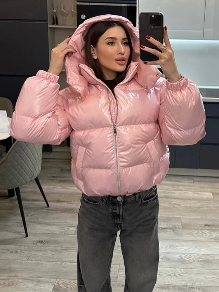 Chic Glossy Zipper Hooded Coat Women's Warm Elastic Waist Pleated Cropped Puffer Jacket 2026 Winter New Lady High Street Outwear