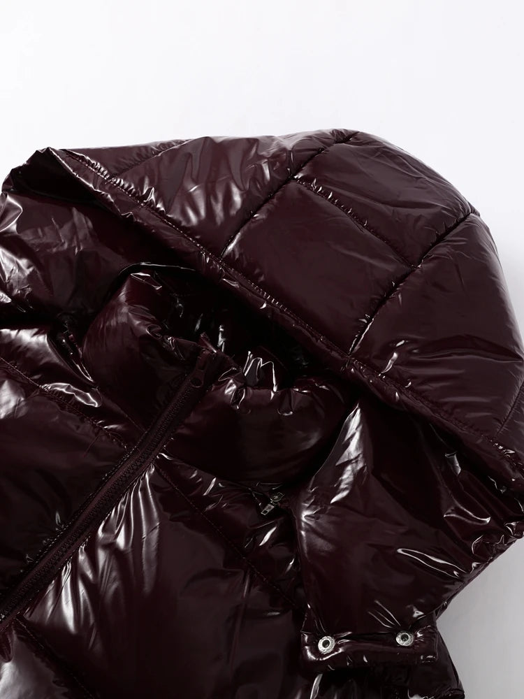 Chic Glossy Zipper Hooded Coat Women's Warm Elastic Waist Pleated Cropped Puffer Jacket 2026 Winter New Lady High Street Outwear