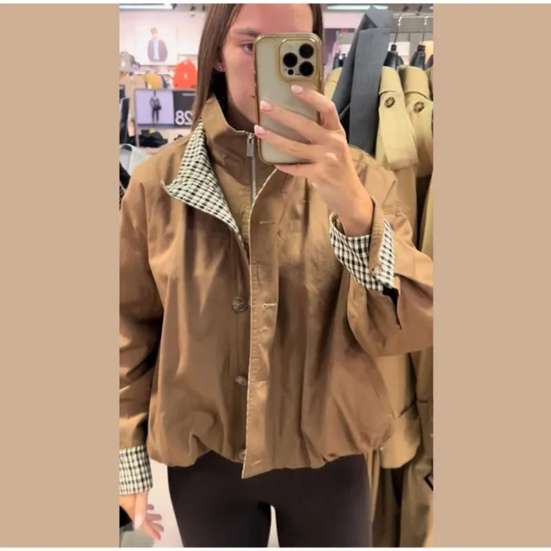 Elegant Plaid Patchwork Women's Jacket Loose Full Sleeve Stand Collar Single Breasted Outwear Female 2026 Fashion Autumn Outwear