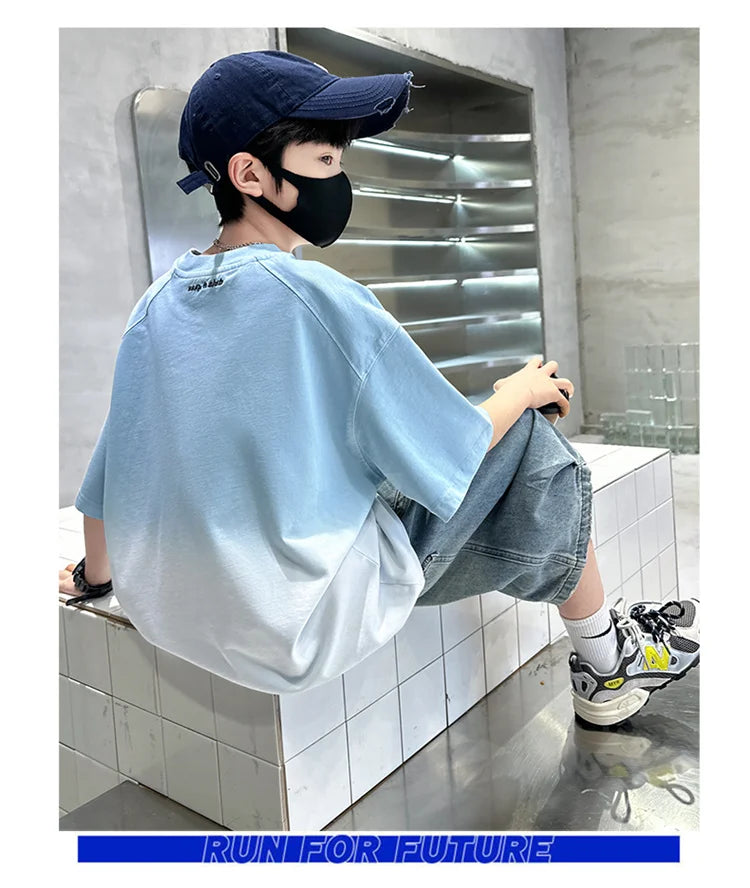 Gradient Color Kid's Fashion Summer Clothing T-shirt Tweens Child Short Sleeve Cotton Tshirt Outfit School Boy Casual Tee Tops