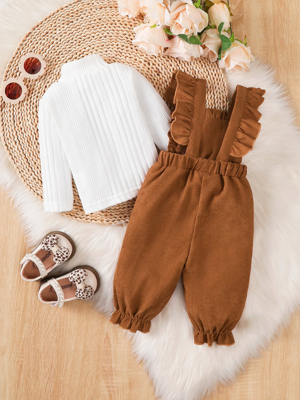Baby Girl Christmas 2Pcs Outfit Set Sweet Top Ruffle Bow Suspender Jumpsuit Pants Autumn Winter Baby Clothing for 0‑18 Months