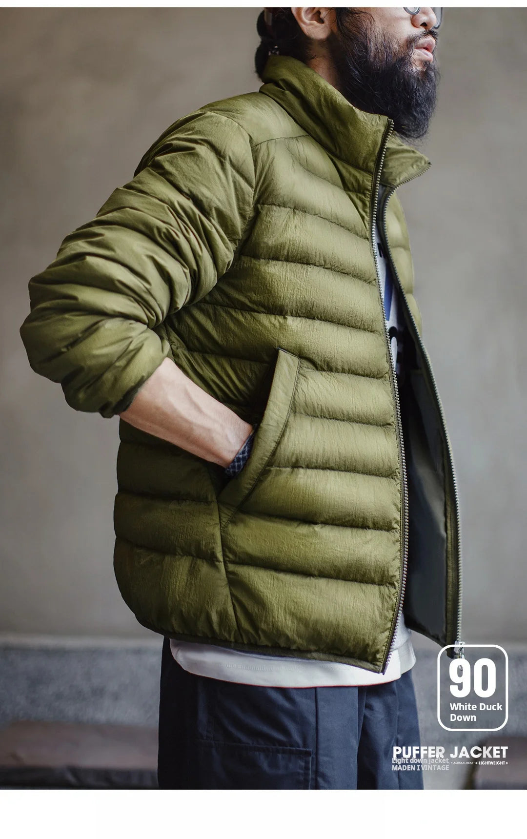 Maden Winter Men's Stand-up Collar Down Jacket Lightweight Hydrophobic White Duck Down Filling Coat Warm Inner Layer for Fall