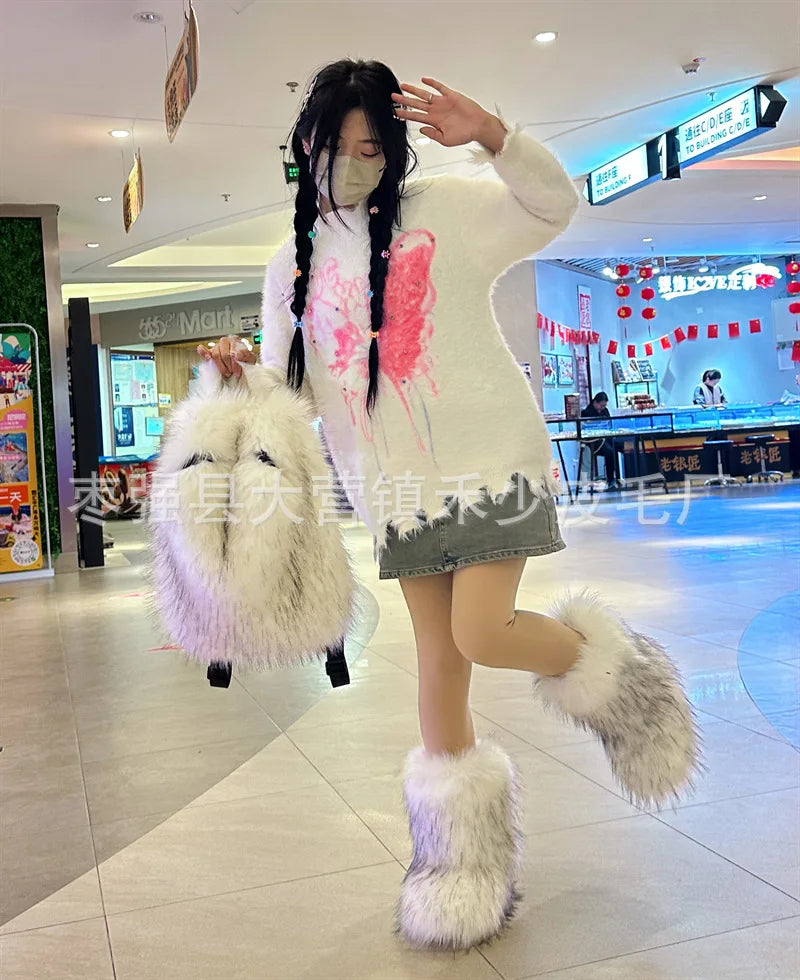 2026 NEW FASHION Y2K Faux Fur FOR Women Backpack Solid Soft Fleece Knapsack Harajuku Style Winter Ladies Bag
