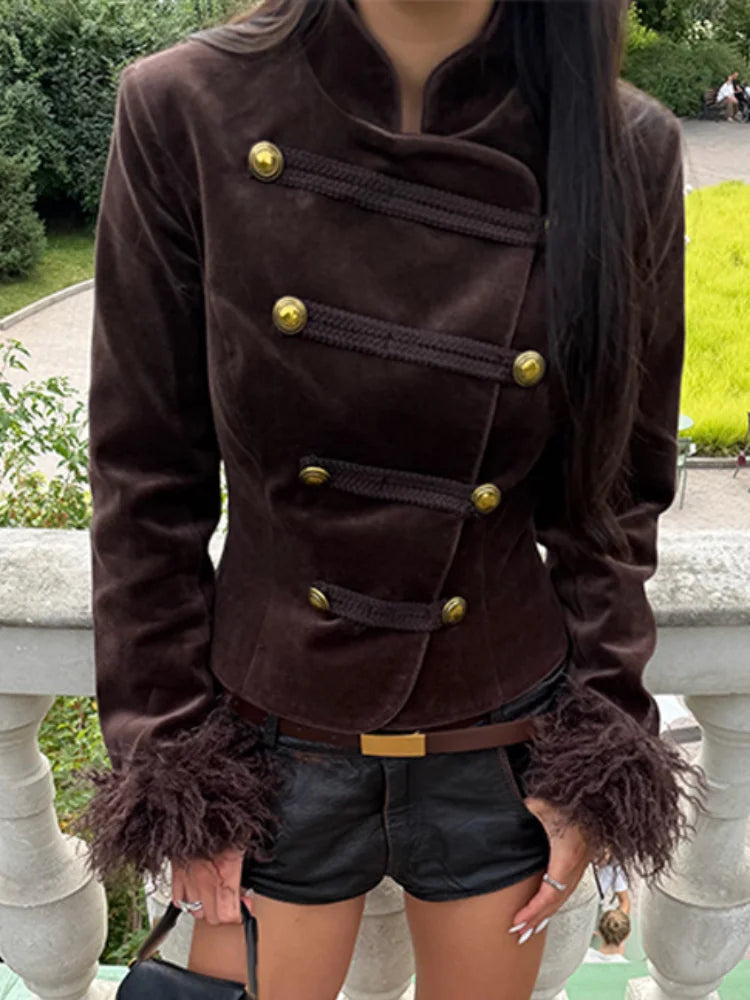Vintage Women's Feather Patchwork Suede Short Jacket  Stand Collar Long Sleeve Double Breasted Coat 2026 Autumn Lady Jackets
