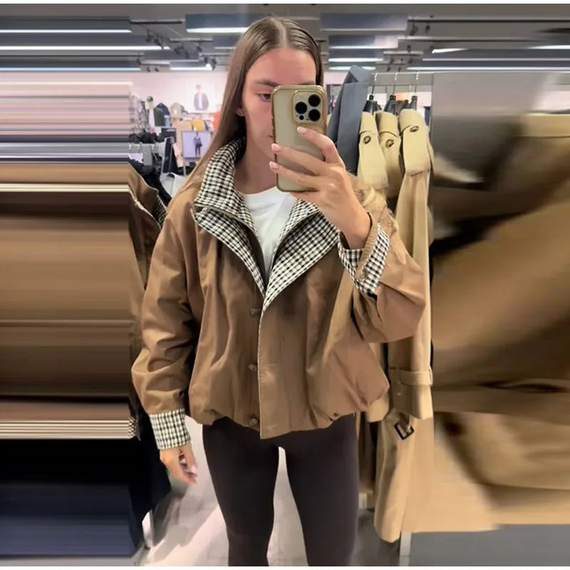 Elegant Plaid Patchwork Women's Jacket Loose Full Sleeve Stand Collar Single Breasted Outwear Female 2026 Fashion Autumn Outwear