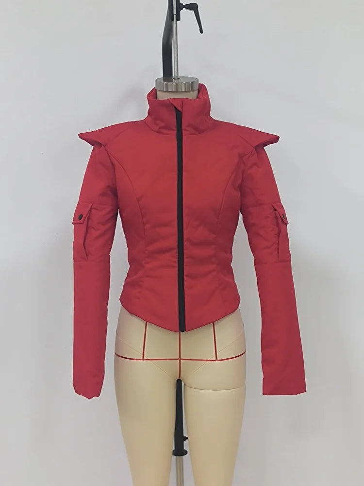 Women Sporty Cropped Padded Jacket Stand Collar Zip‑Up Shoulder Pad Long Sleeve Slim Fit Warm Coat Casual Chic Ladies Outerwear