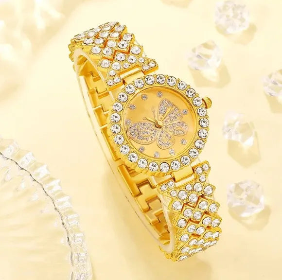 2PCS/Set Fashion Butterfly Dial Women Watches Luxury Rhinestone Quartz Wristwatch Bracelet Set