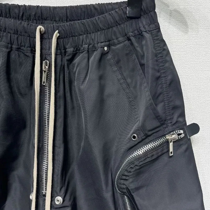 Men's Techwear Cargo Shorts Multi-Zipper Pocket Elastic Waist Drawstring Streetwear Casual Shorts