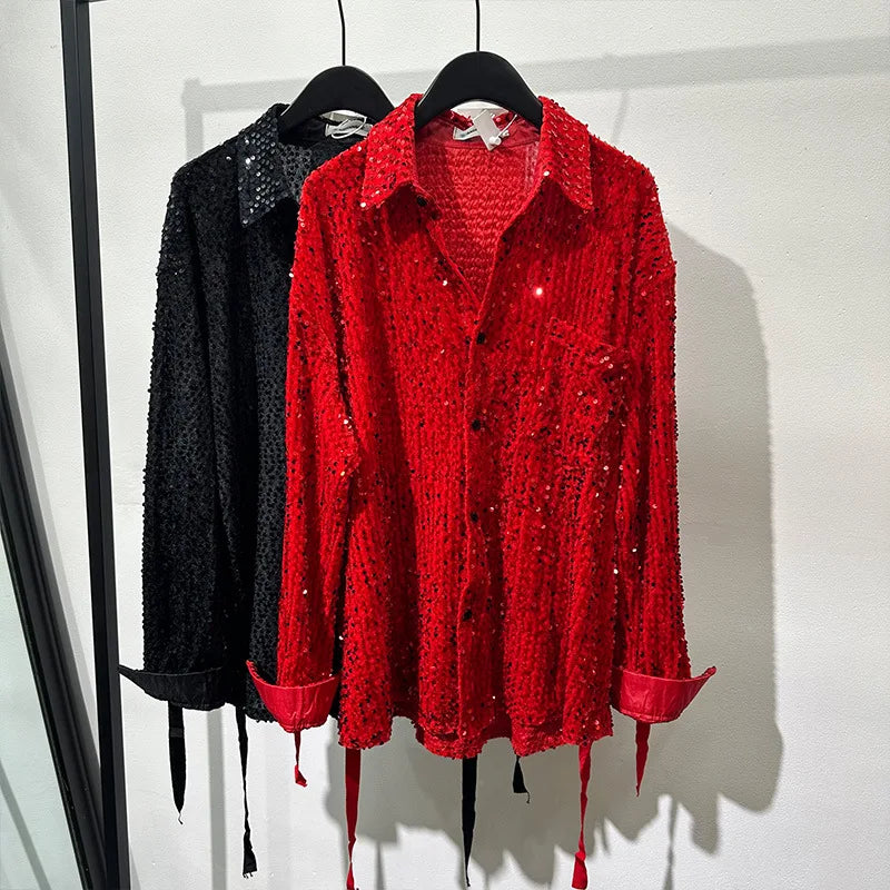 Spring Autumn Men's Sequins Shirt Solid Color Luxury Lapel Single Breasted Long Sleeve American Fashion Party Shining Shirts
