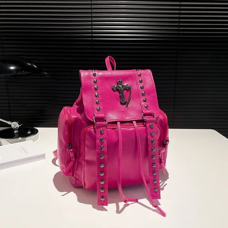 Rivet Y2K Backpack Women Gothic Punk PU Leather Shoulder Bag Ladies Vintage Harajuku Backpacks College Large Capacity School Bag