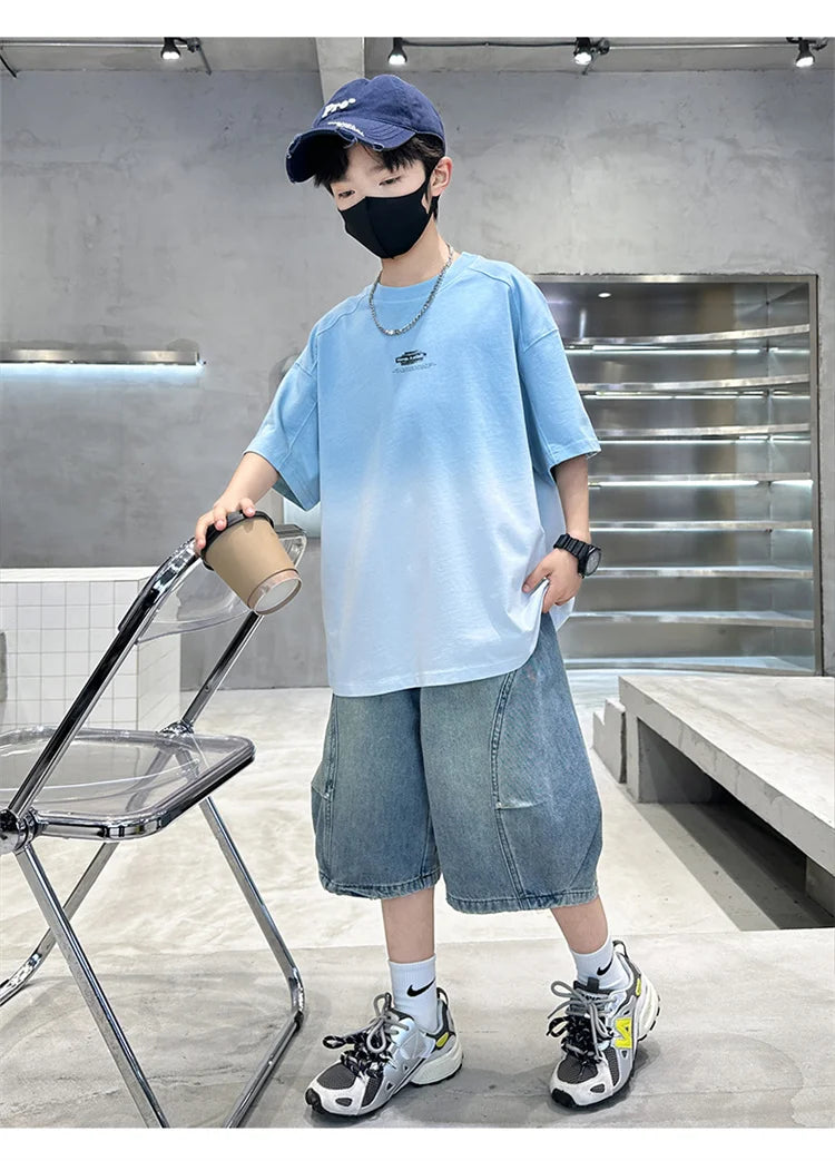 Gradient Color Kid's Fashion Summer Clothing T-shirt Tweens Child Short Sleeve Cotton Tshirt Outfit School Boy Casual Tee Tops