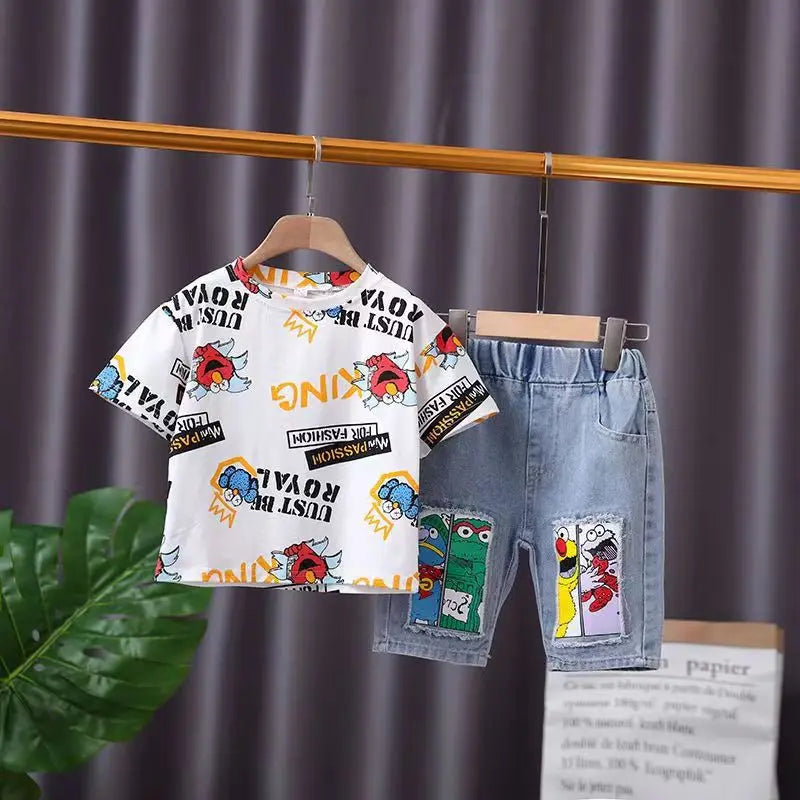 2026 New Kids Clothing Set Cartoon Print Short Sleeve T-Shirt & Denim Shorts 2Pcs/Sets Casual Summer Boys Children Clothes 3-12Y