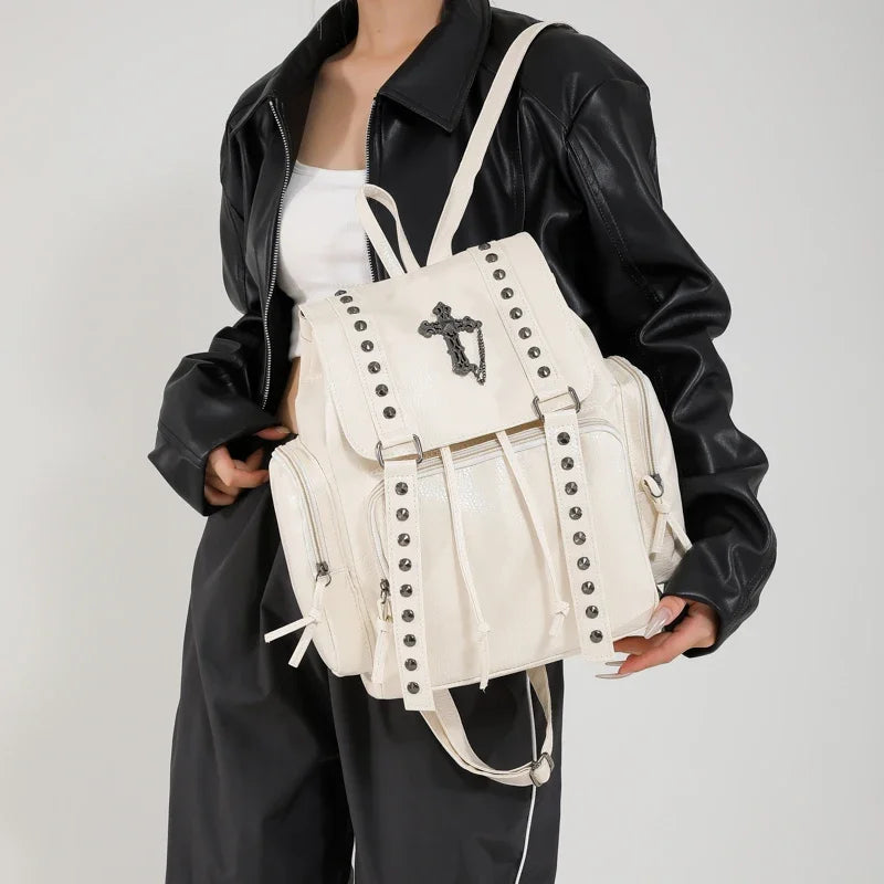 Rivet Y2K Backpack Women Gothic Punk PU Leather Shoulder Bag Ladies Vintage Harajuku Backpacks College Large Capacity School Bag