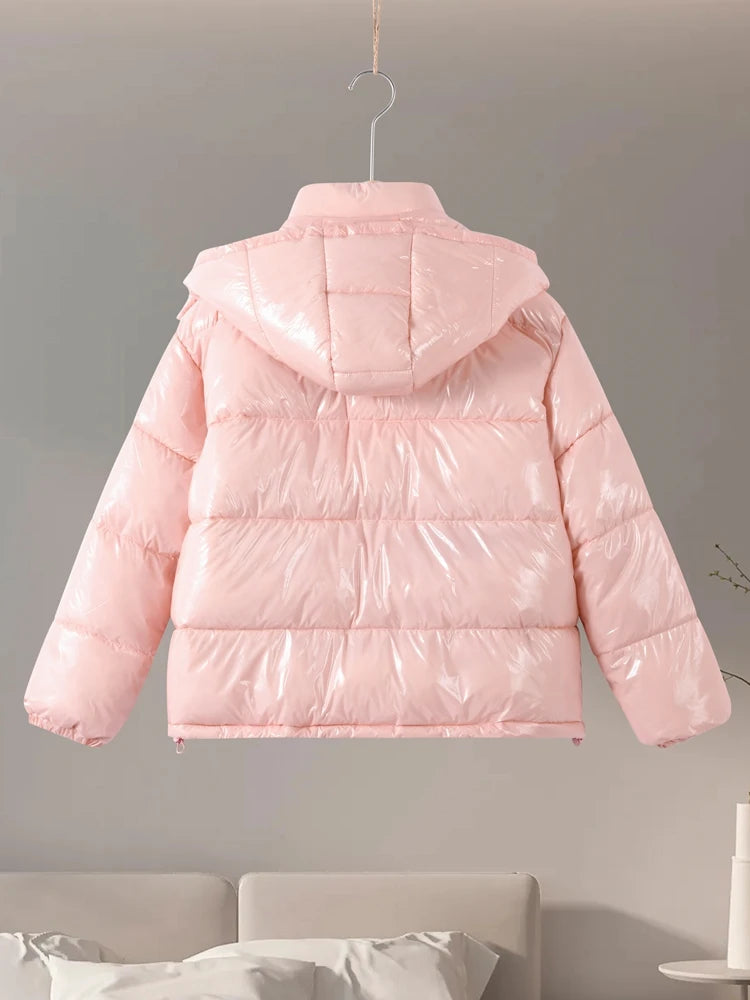 Chic Glossy Zipper Hooded Coat Women's Warm Elastic Waist Pleated Cropped Puffer Jacket 2026 Winter New Lady High Street Outwear