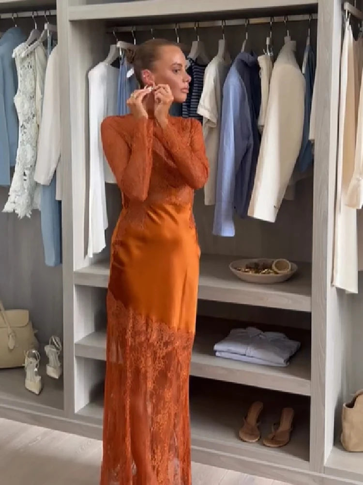 Women Slim Fit Lace Satin Mermaid Gown High Neck Long Sleeve Cutout Back Maxi Dress Female Formal Wedding Guest Party Dresses