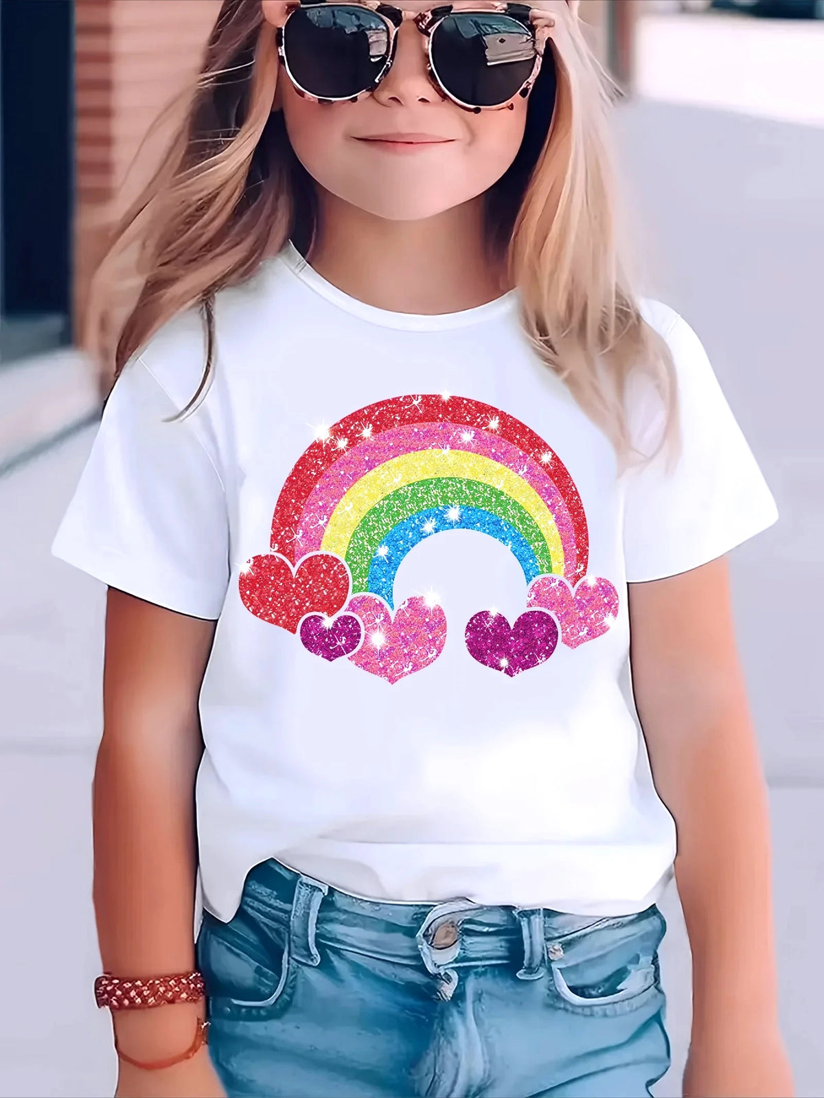 2026 Summer New Fashion Girls' Round Neck Short Sleeve Rainbow Heart Print T-Shirt Casual Summer Versatile Top Trendy Clothing