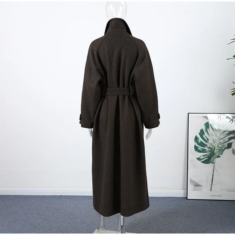 Chic Women's Woolen Overcoat Autumn Winter Solid Lapel Double Breasted Long Sleeve Long Coat 2026 Elegant Lady Street Outwear