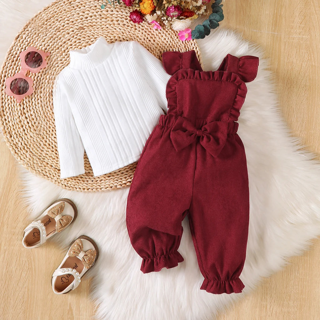 Baby Girl Christmas 2Pcs Outfit Set Sweet Top Ruffle Bow Suspender Jumpsuit Pants Autumn Winter Baby Clothing for 0‑18 Months