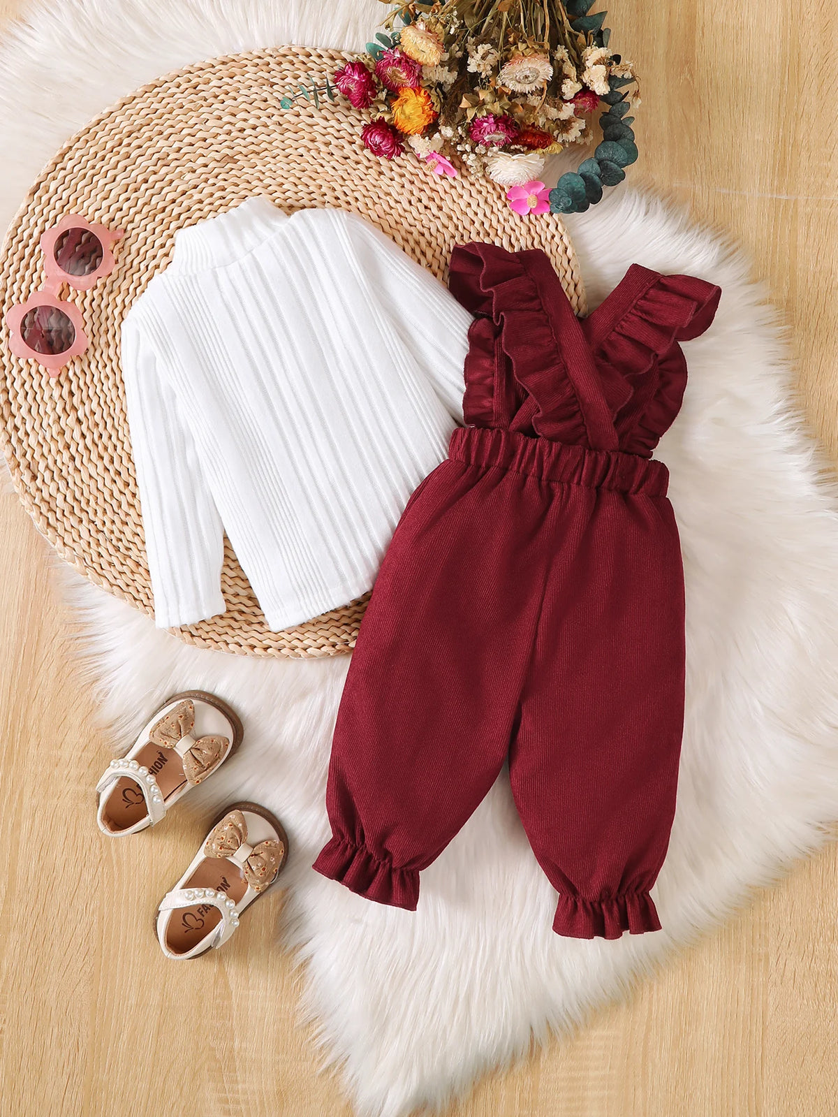 Baby Girl Christmas 2Pcs Outfit Set Sweet Top Ruffle Bow Suspender Jumpsuit Pants Autumn Winter Baby Clothing for 0‑18 Months