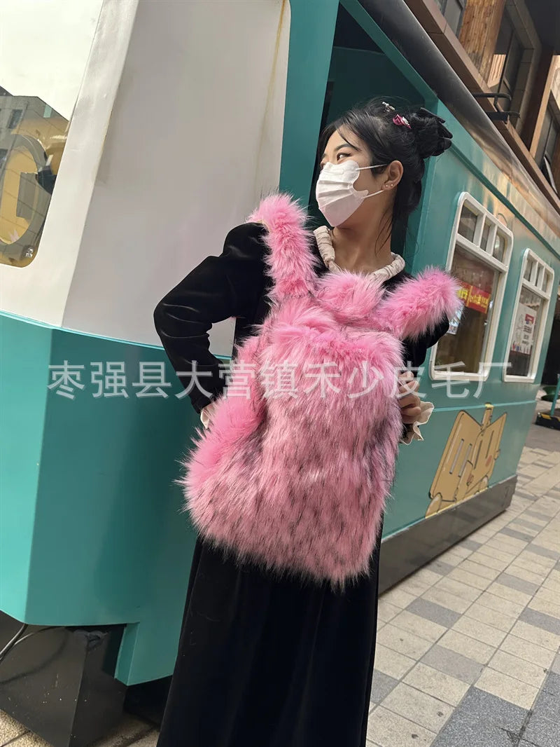 2026 NEW FASHION Y2K Faux Fur FOR Women Backpack Solid Soft Fleece Knapsack Harajuku Style Winter Ladies Bag