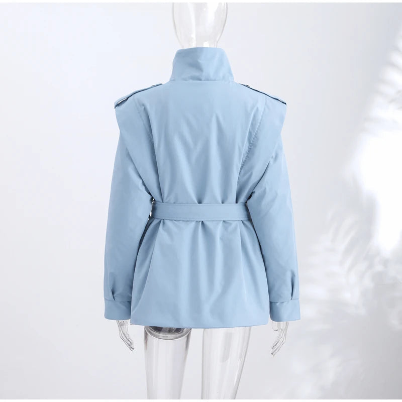 Solid Stand Collar Padded Coat Waist Tie Belt Long Cape Sleeve Button Zipper Loose Women Coats 2026 Autumn Commute Chic Outfit
